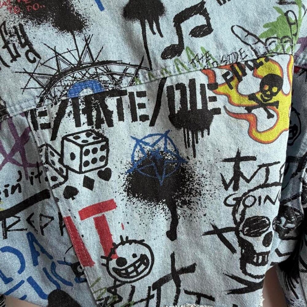 Jaded-london Graffiti Print Cropped Cotton Twill Trucker Jacket US 6 Y2k Grunge - Picture 5 of 8